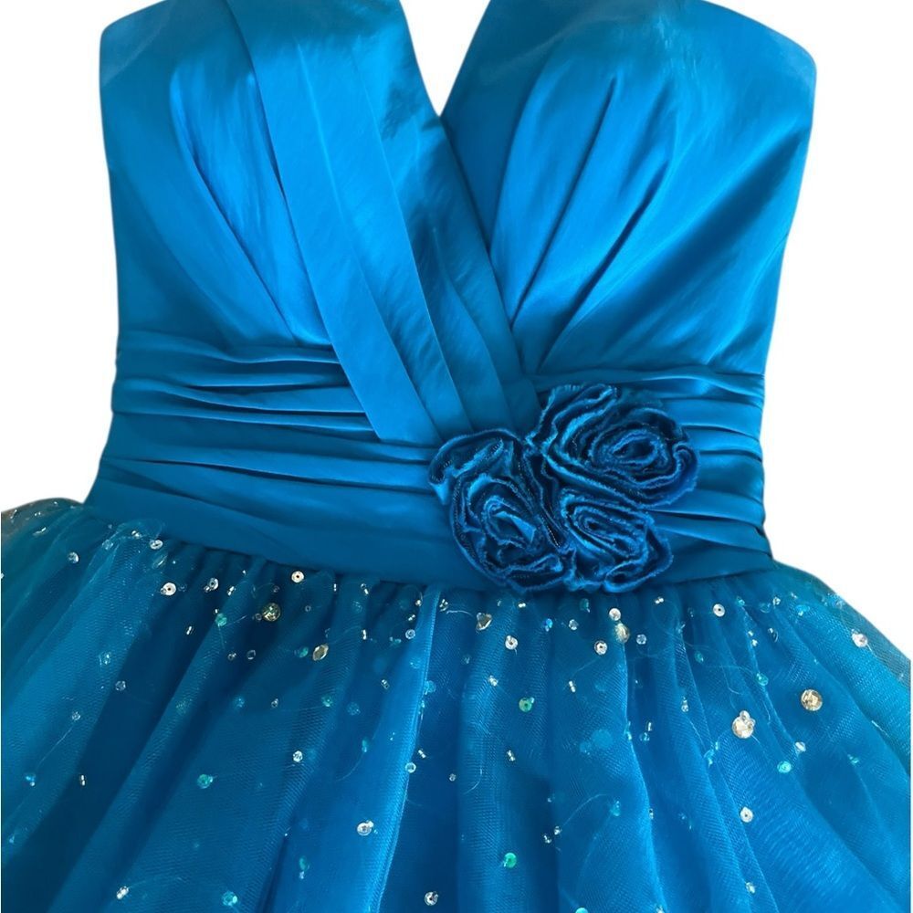 Maggie Sottero Teal Blue Tulle Party Dress with Floral Waist - Picture 5 of 10